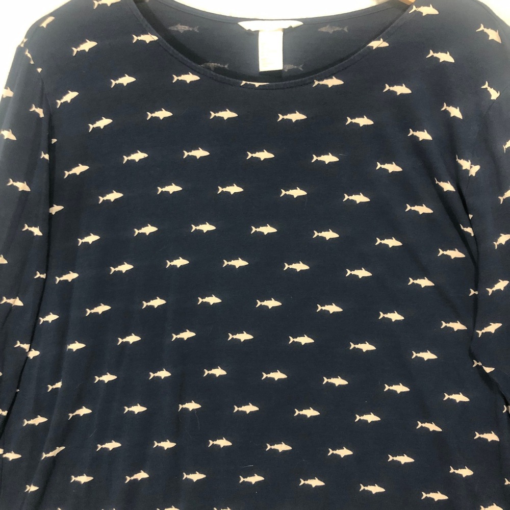 H M Navy Blue All Over Small Fish‎ Print Long Sleeve Top Tunic Shirt Women's L